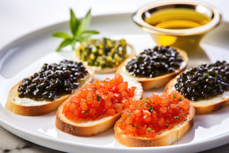 multiple caviar bruschetta servings on a classic white plate, created with generative aiの素材
