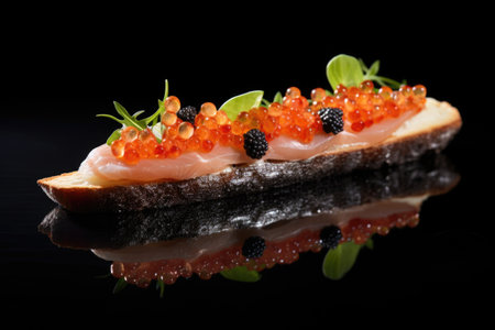 isolated shot of a piece of bruschetta topped with caviar, created with generative aiの素材