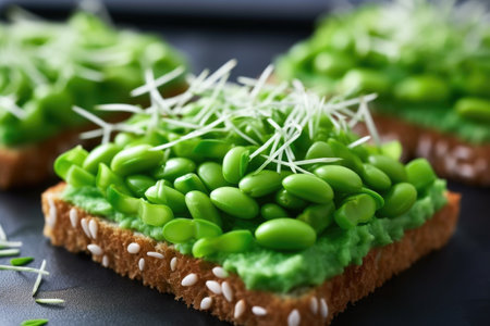 close-up view of edamame beans on diced bread pieces, created with generative aiの素材