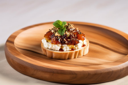 a single bruschetta with fig and cheese on a round wooden plate, created with generative aiの素材