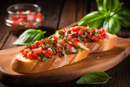 garlic bruschetta adorned with basil leaf on wooden slab, created with generative aiの素材