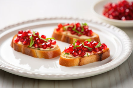 two pieces of bruschetta with pomegranate seeds side by side on white porcelain dish, created with generative aiの素材