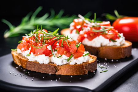 bruschetta with ricotta served with a rosemary sprig on top, created with generative aiの素材