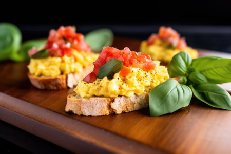 close-up shot of golden scrambled eggs on top of crunchy bruschetta, created with generative aiの素材
