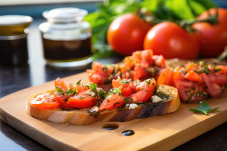 bruschetta with truffle oil next to sliced tomatoes, created with generative aiの素材