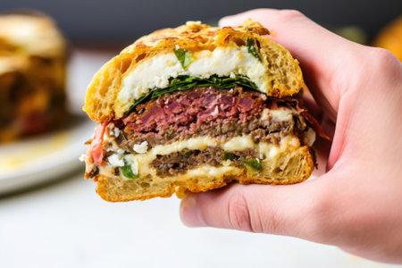 hand holding a burger with a bite taken, showing fillings, created with generative aiの素材