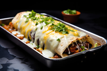 baked burrito with cheese melting on top, on a black baking tray, created with generative aiの素材