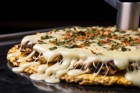 cheese melting on a hot cauliflower pizza, created with generative aiの素材