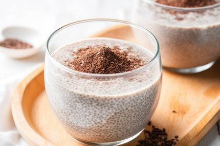 almond milk chia seed pudding in a clear bowl, created with generative aiの素材
