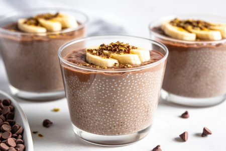 chocolate chia pudding with sliced bananas on top, created with generative aiの素材