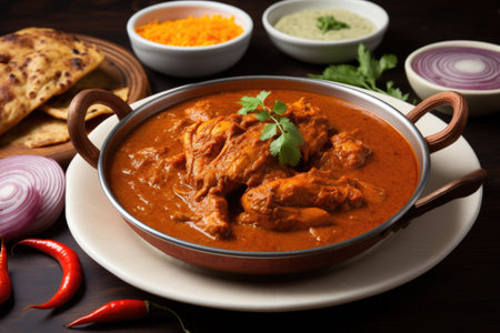 aerial view of a plate of chicken vindaloo, created with generative aiの素材