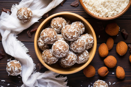 top view of date balls in a rustic bowl, created with generative aiの素材