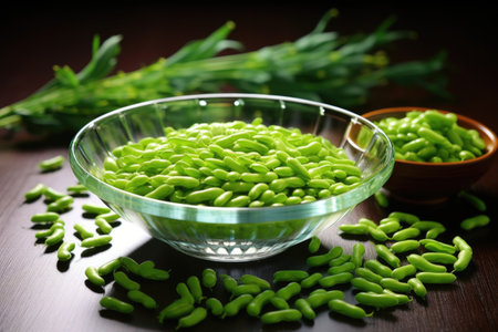 peeled edamame beans scattered on glass dish, created with generative aiの素材