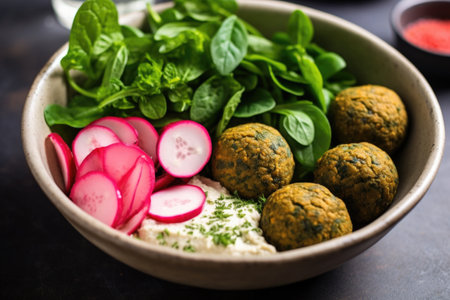 a close shot of a falafel bowl with pickled radishes and baby spinach, created with generative aiの素材