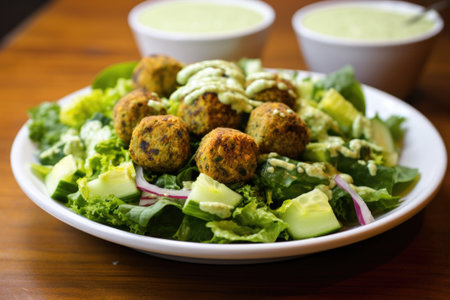 green salad with falafel chunks and dressing, created with generative aiの素材