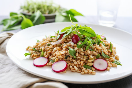farro salad on a white plate with natural light, created with generative aiの素材