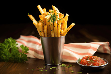 french fries in a black and white striped cone, created with generative aiの素材