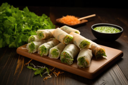 image of spring rolls scattered loosely on a dark wood table, created with generative aiの素材