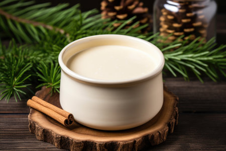eggnog in a rustic ceramic mug on a pine table, created with generative aiの素材