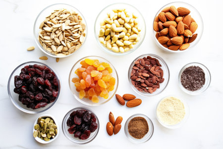 deconstructed trail mix with separately placed ingredients, created with generative aiの素材