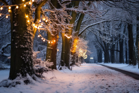 outdoor fairy light strung between trees on a snowy lane, created with generative aiの素材