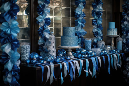 blue and silver paper chains decorating a holiday theme setup, created with generative aiの素材