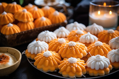 an array of pumpkin-shaped sugar cookies decorated with icing, created with generative aiの素材