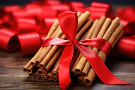 cinnamon sticks bundled with red ribbon, created with generative aiの素材