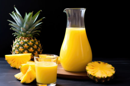 a smoothie in a carafe with mango and pineapple slices on the side, created with generative aiの素材