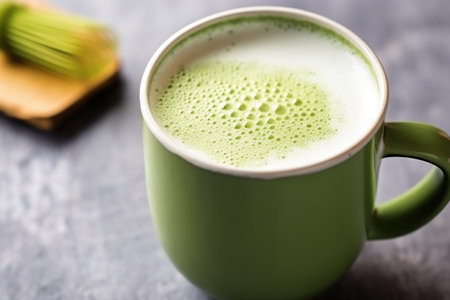 matcha latte in a green mug, close up shot, focus on the foam, created with generative aiの素材