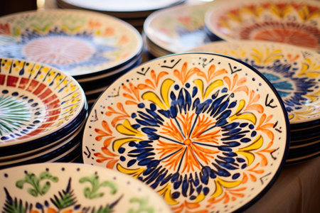 hand-painted decorative ceramic dinner plates lined up, created with generative aiの素材