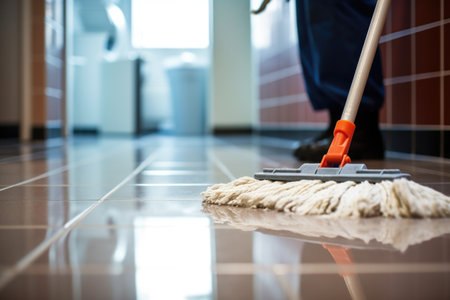 close-up of a mop cleaning a bathroom floor, created with generative aiの素材