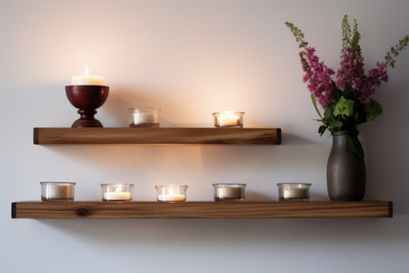floating wooden shelves with aromatic candles, created with generative aiの素材