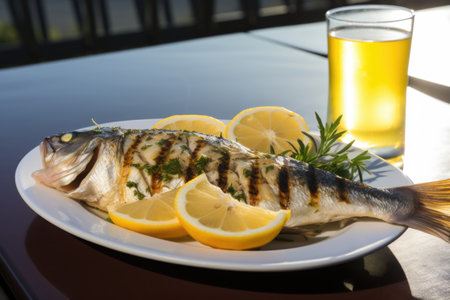 plate of grilled white fish with a squeeze of fresh lemon, created with generative aiの素材