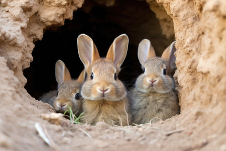 a pair of rabbits with baby bunnies in a burrow, created with generative aiの素材
