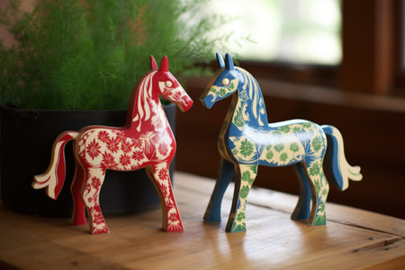 swedish dala horses on a pine wood surface, created with generative aiの素材