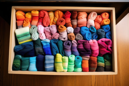 colorful socks neatly arranged in an open drawer, created with generative aiの素材