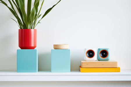 brightly painted wooden speakers on a minimalist white shelf, created with generative aiの素材