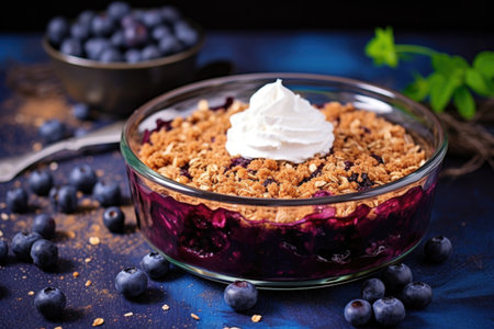 oven-fresh blueberry crumble in a glass dish, created with generative aiの素材