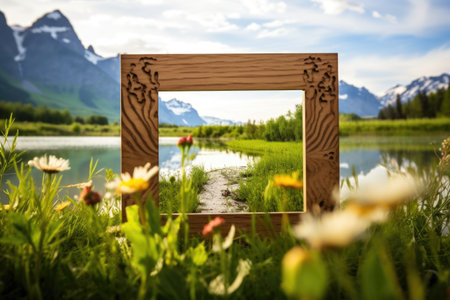 handmade wooden picture frame with a scenic photo, created with generative aiの素材