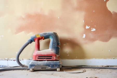 power sander resting on a plastered and sanded wall, created with generative aiの素材