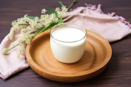 wooden bowl with frothing milk for skin treatment, created with generative aiの素材