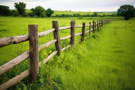 rustic wooden fence against a green field, created with generative aiの素材