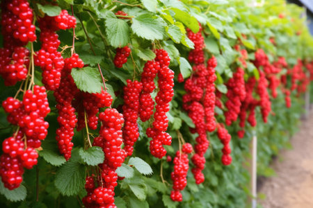 multiple raspberry bushes with ripe red fruit, created with generative aiの素材