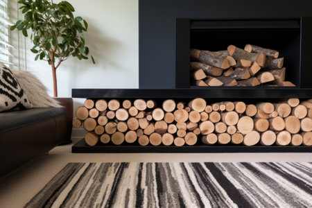 a plush carpet in front of a modern fireplace with log storage, created with generative aiの素材
