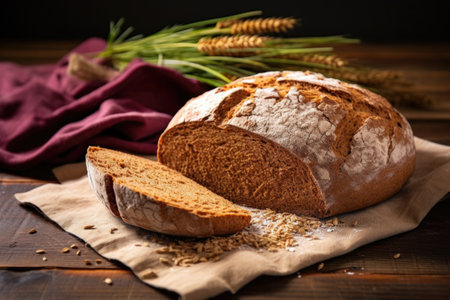 freshly baked whole grain bread on a rustic wooden table, created with generative aiの素材
