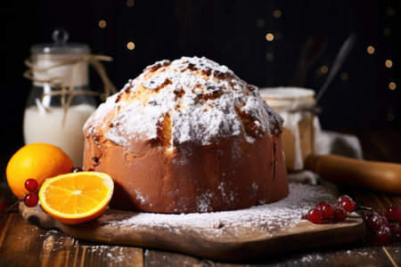 panettone topped with powdered sugar on a rustic wooden board, created with generative aiの素材