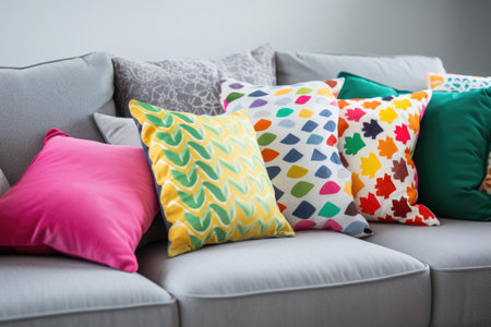 brightly colored throw pillows scattered on a grey couch, created with generative aiの素材