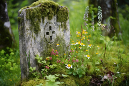 gravestone covered with moss surrounded by wildflowers, created with generative aiの素材