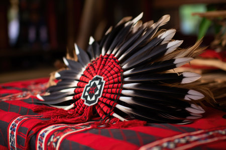 feathered headdress on a woven blanket, created with generative aiの素材